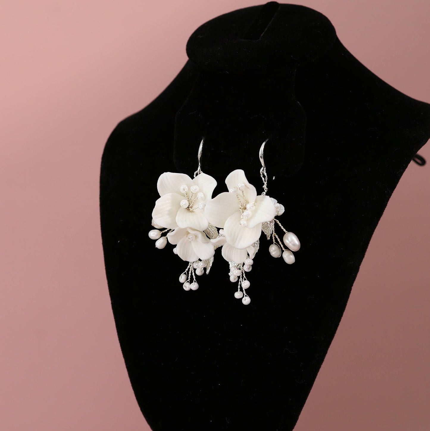 Ceramic flower earrings floral wedding earrings pearl earrings