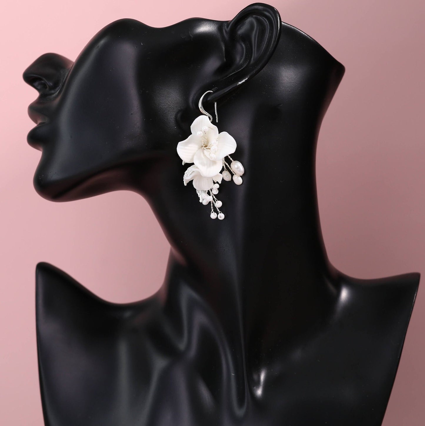 Ceramic flower earrings floral wedding earrings pearl earrings