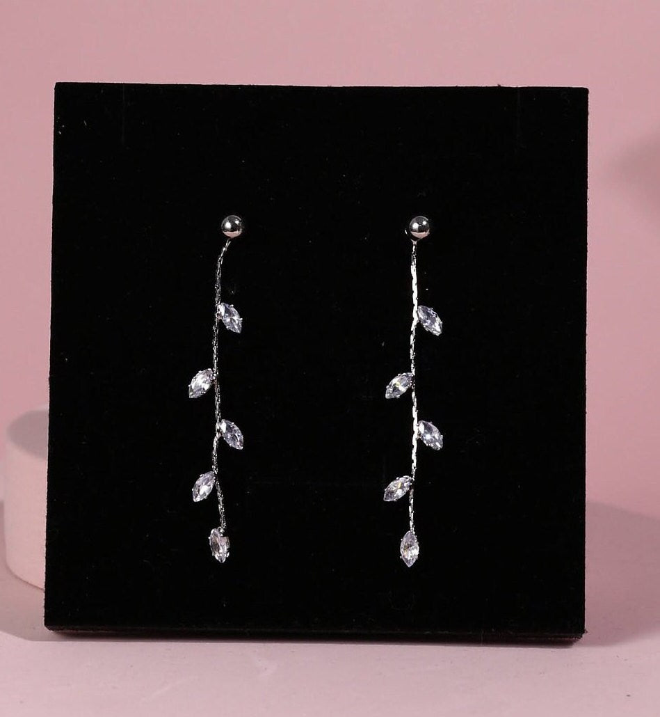 Dainty Earring Silver crystal bridal earrings Long olive leaf earrings wedding earrings tassel drop earring for Bride earrings