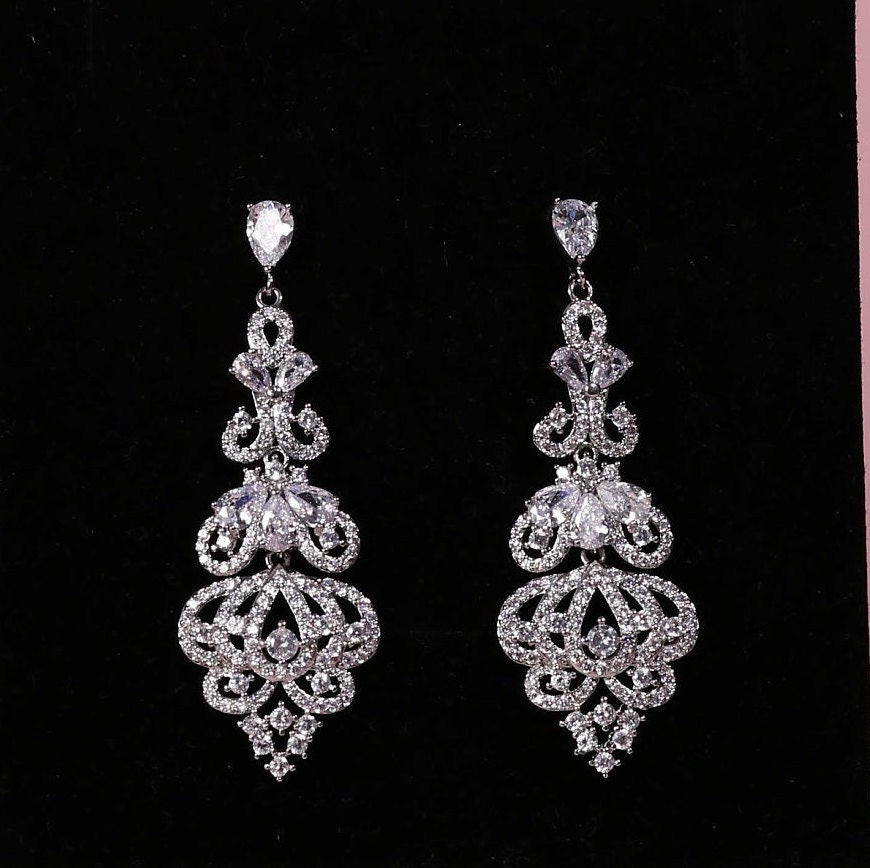 BRIDAL EARRINGS silver CZ Wedding Jewelry engagement jewelry long dangle drop earrings Zirconia jewelry statement earrings