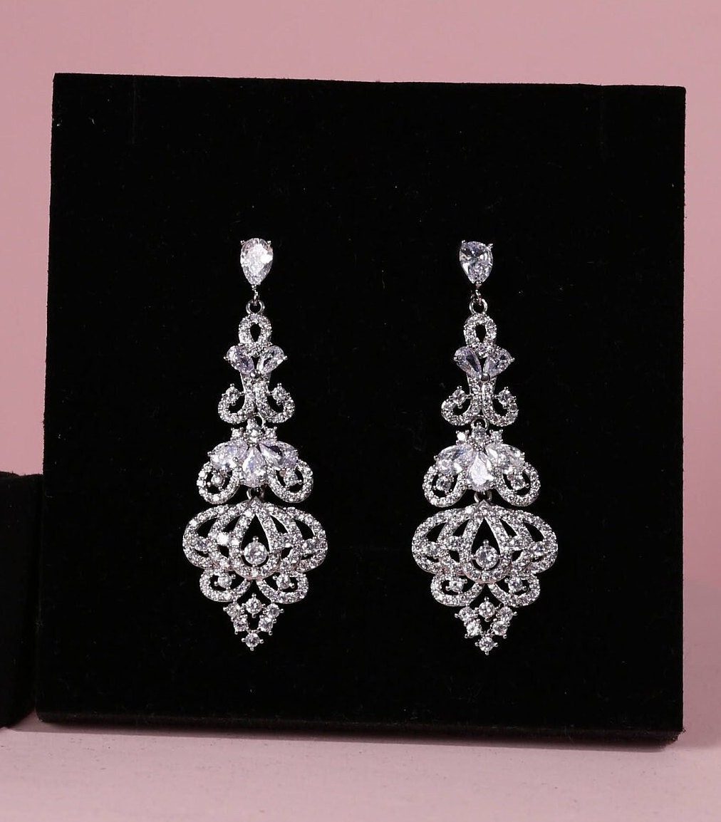 BRIDAL EARRINGS silver CZ Wedding Jewelry engagement jewelry long dangle drop earrings Zirconia jewelry statement earrings