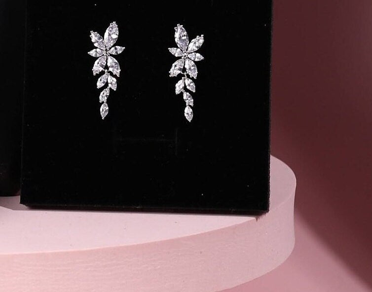 Silver earrings leaf cluster earrings crystal earrings bridal earrings drop earrings leaf shaped earrings for wedding earrings