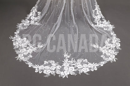Pearl veil pearl floral wedding veil long veil cathedral wedding veil with lace ivory wedding veil