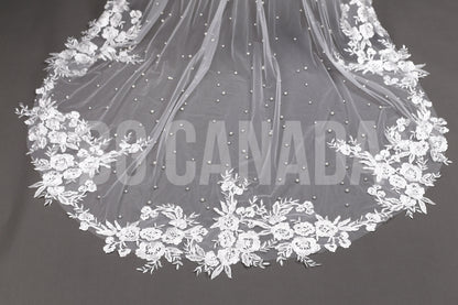 Pearl veil pearl floral wedding veil long veil cathedral wedding veil with lace ivory wedding veil