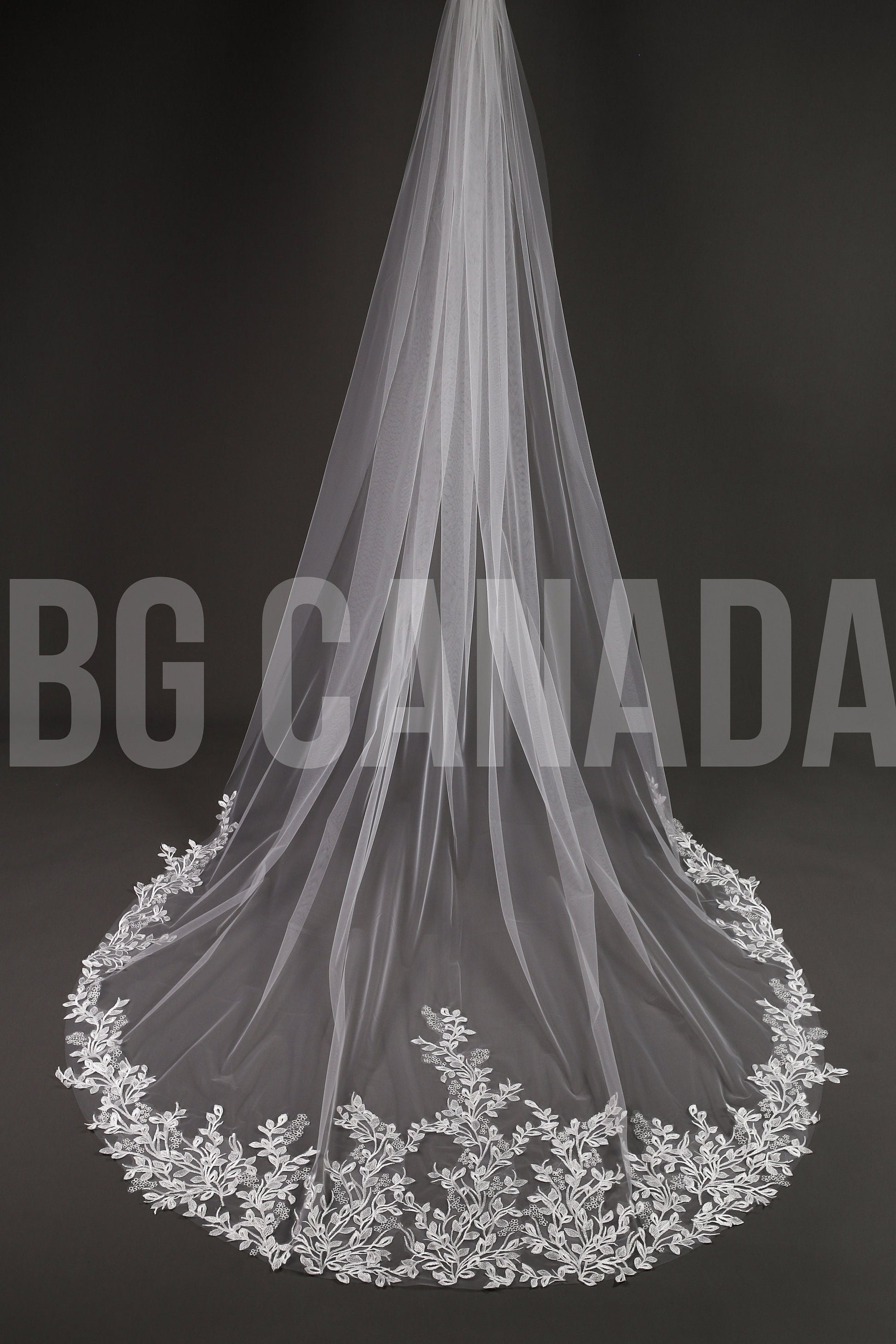 Leaf pattern Wedding Veil: Ivory, white Lace, Leaf Embroidered Edge (300cm)