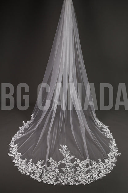 Leaf pattern Wedding Veil: Ivory, white Lace, Leaf Embroidered Edge (300cm)