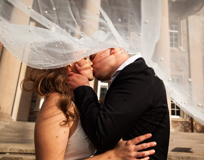 Scattered Pearl Wedding Veil elbow length wedding veil cheCustom Length Bridal Tulle Veil simple pearl veil