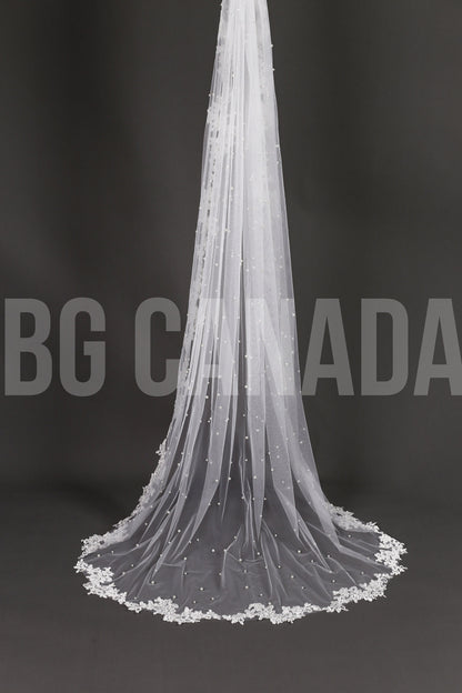 Pearl Wedding Veil with lace border: Ivory Lace Border Veil Lace edge veil scattered pearls