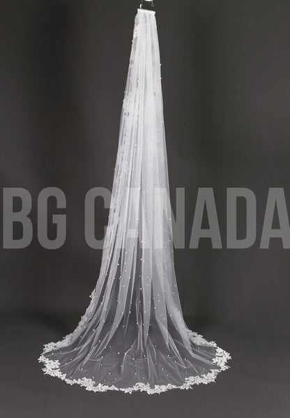 Pearl Wedding Veil with lace border: Ivory Lace Border Veil Lace edge veil scattered pearls
