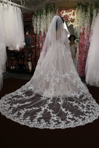 Lace Trim Cathedral Bridal Veil - Elegant Wedding Veil