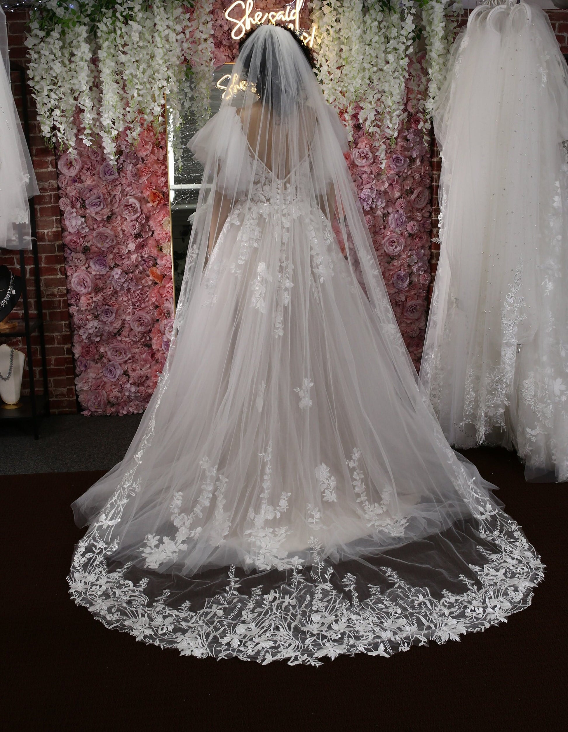 Floral vine cathedral veil Wild flower Floral Lace Wedding Veil: Bridal Illusion Tulle fingertip, floor, Waltz, cathedral