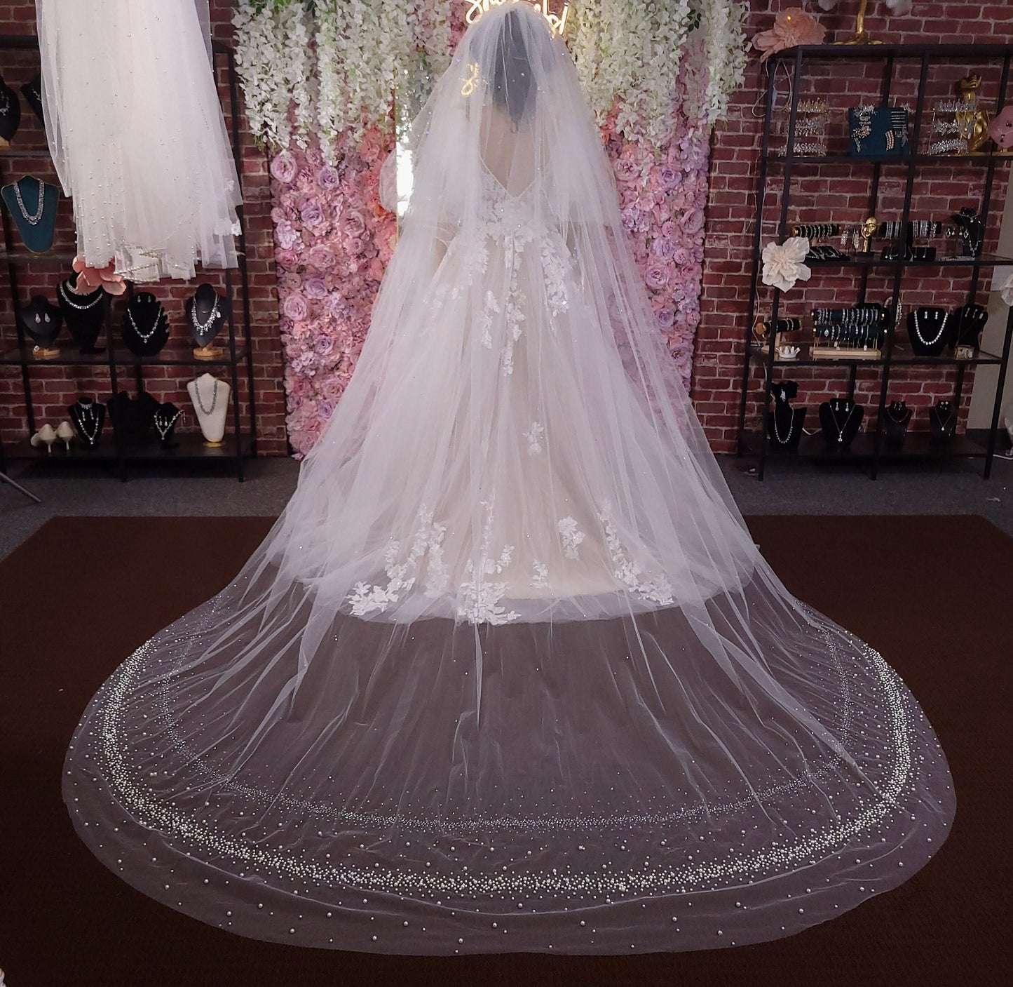 Cathedral Wedding Veil: Pearl & Crystal Edge, Sparkly Bridal Veil