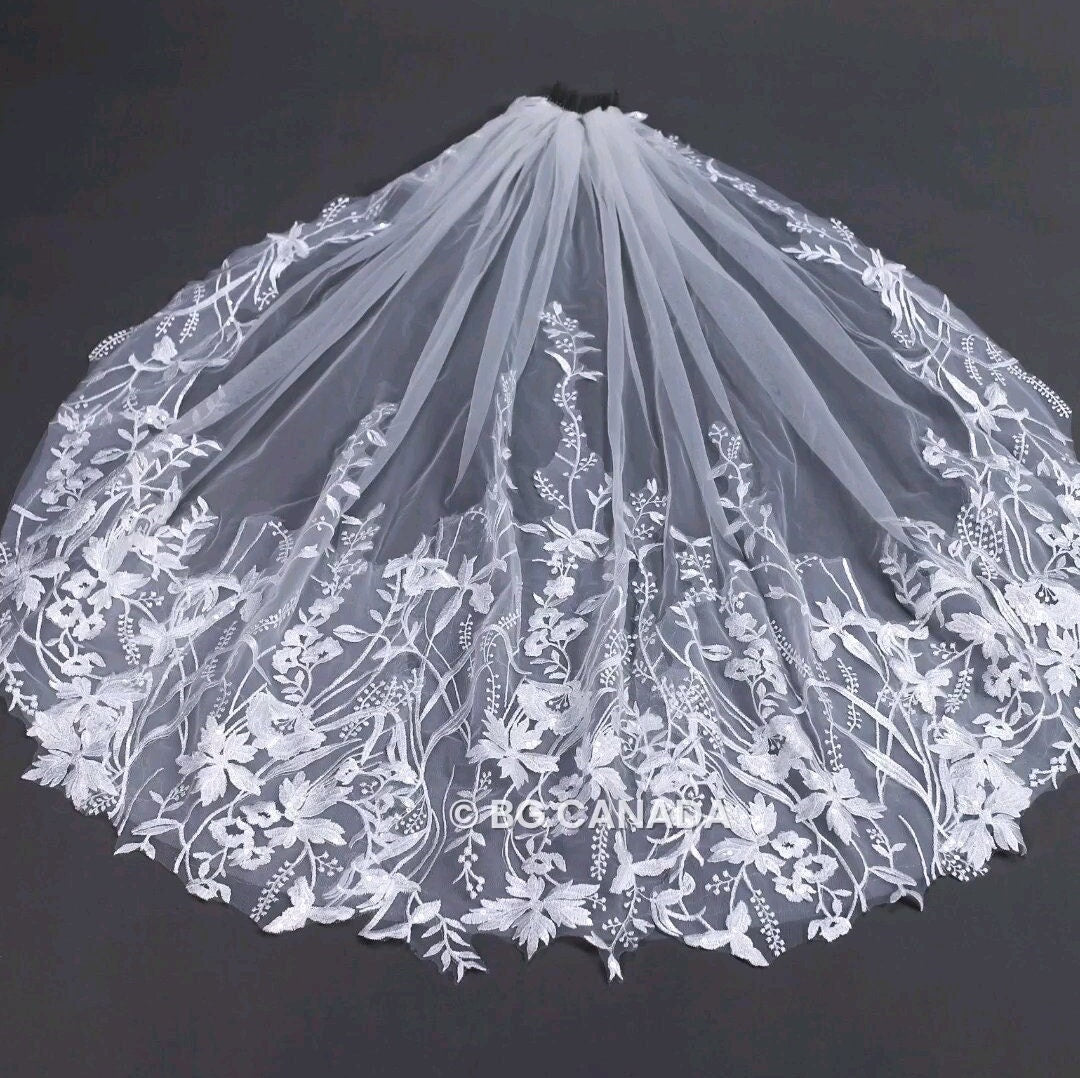 Floral Lace Cathedral Wedding Veil: Bridal Illusion Tulle
