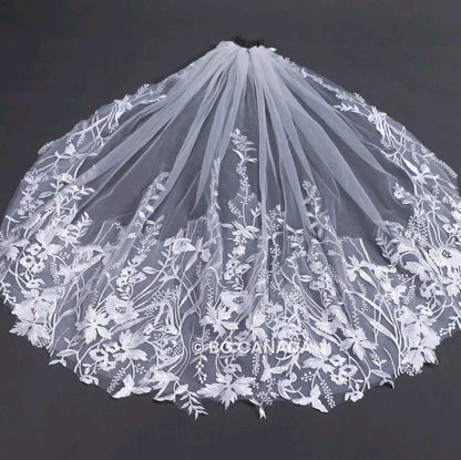 Floral Lace Cathedral Wedding Veil: Bridal Illusion Tulle