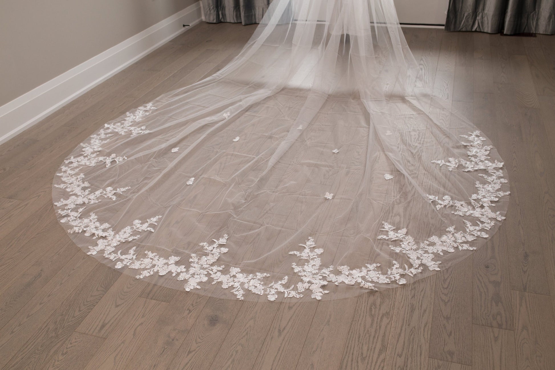 Cathedral Wedding Veil: Floral Lace Appliqué, Ivory Bridal Veil