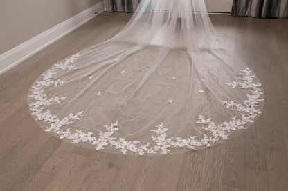 Cathedral Wedding Veil: Floral Lace Appliqué, Ivory Bridal Veil