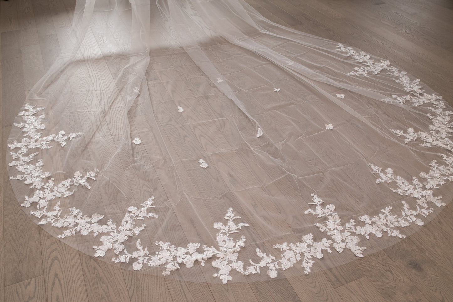Cathedral Wedding Veil: Floral Lace Appliqué, Ivory Bridal Veil