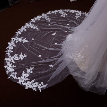 Cathedral Wedding Veil: Floral Lace Appliqué, Ivory Bridal Veil
