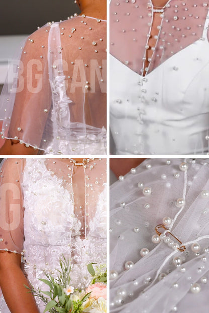 Bridal Lace Bolero Jacket Wedding Shrug Long Sleeve Lace Cover Up for Bride Elegant Wedding Jacket Pearl Bridal Boler Sheer Wedding Shawl