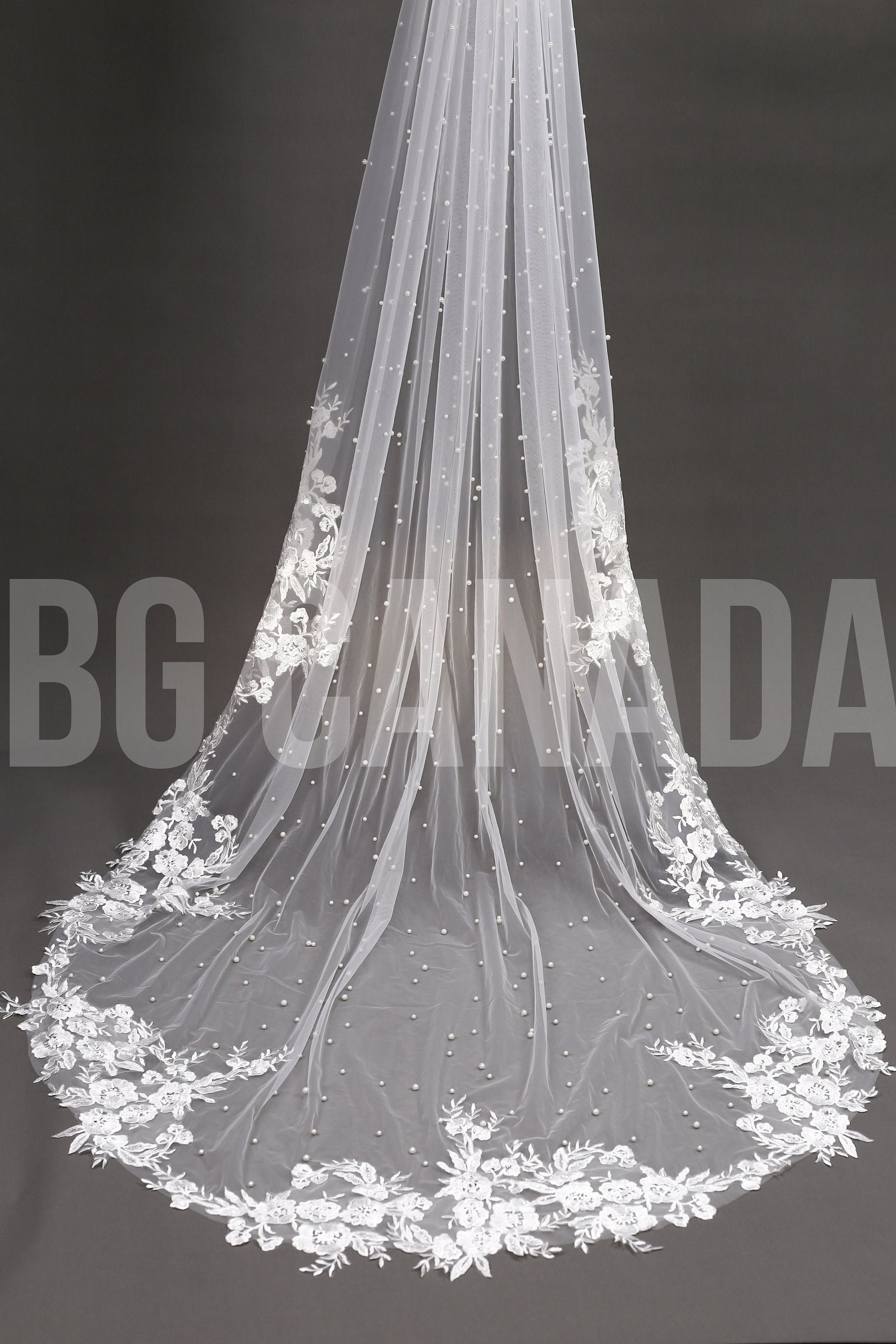 Pearl veil pearl floral wedding veil long veil cathedral wedding veil with lace ivory wedding veil