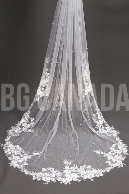 Pearl veil pearl floral wedding veil long veil cathedral wedding veil with lace ivory wedding veil