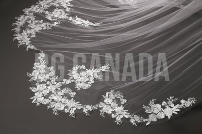 Floral Lace Edge scalloped veil special cut veil extra wide veil mermaid tail cut veil ivory veil with florals