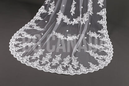 Long Lace Bridal Veil with Floral Appliqué | Scalloped Edge Wedding Veil with Pearls | Ivory Lace Veil for Bride