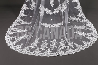 Long Lace Bridal Veil with Floral Appliqué | Scalloped Edge Wedding Veil with Pearls | Ivory Lace Veil for Bride