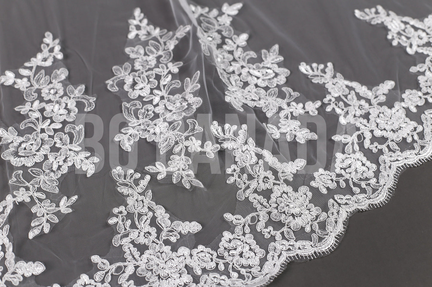 Long Lace Bridal Veil with Floral Appliqué | Scalloped Edge Wedding Veil with Pearls | Ivory Lace Veil for Bride