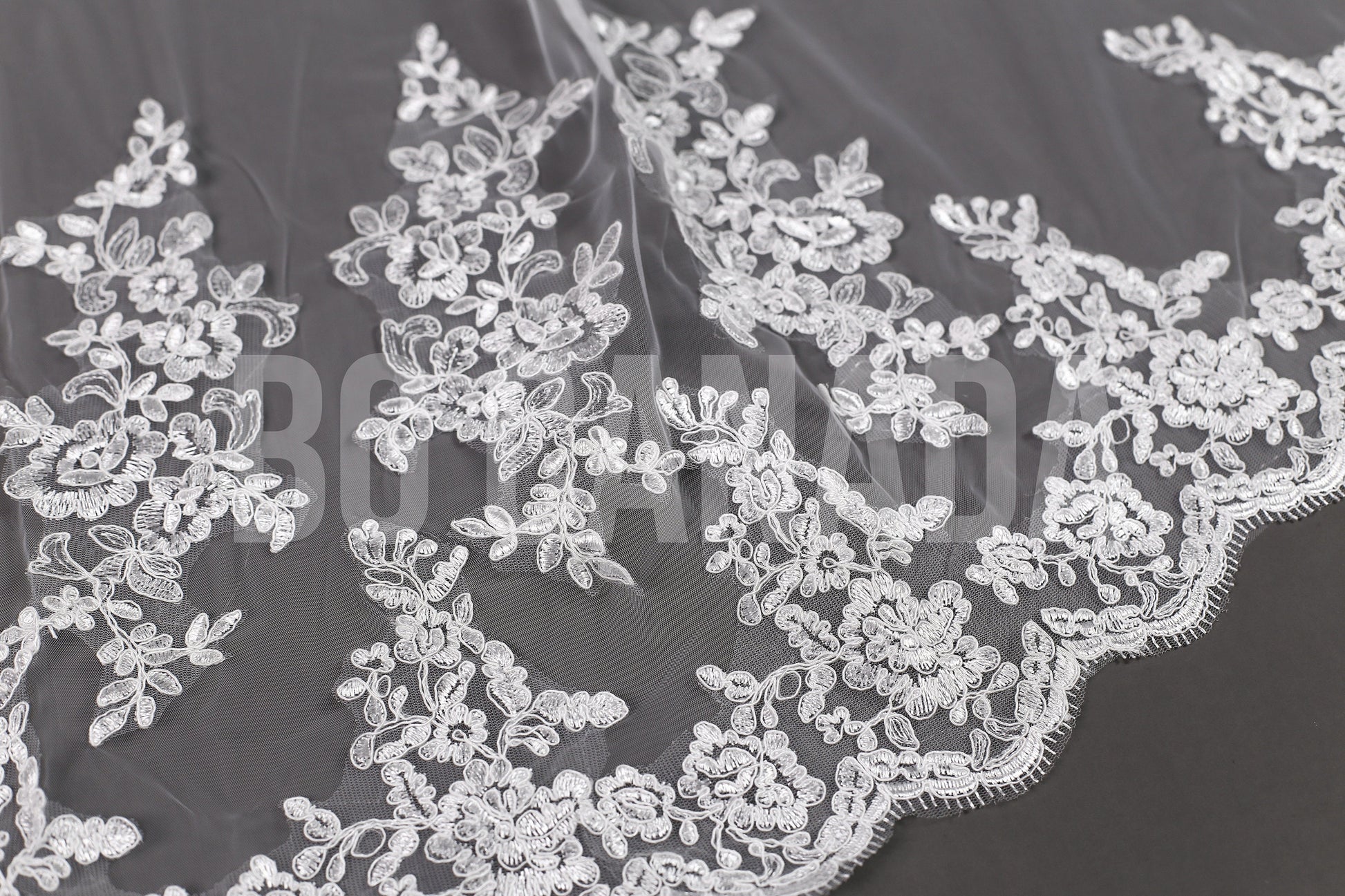 Long Lace Bridal Veil with Floral Appliqué | Scalloped Edge Wedding Veil with Pearls | Ivory Lace Veil for Bride