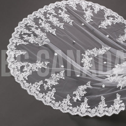 Long Lace Bridal Veil with Floral Appliqué | Scalloped Edge Wedding Veil with Pearls | Ivory Lace Veil for Bride
