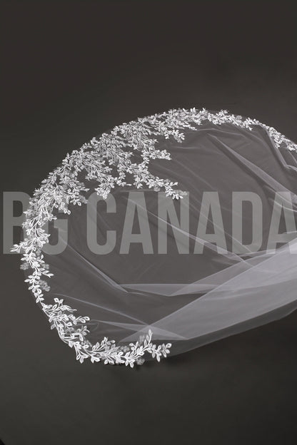 Leaf pattern Wedding Veil: Ivory, white Lace, Leaf Embroidered Edge (300cm)