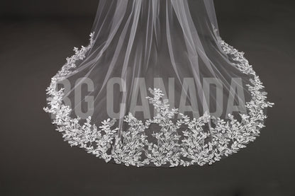 Leaf pattern Wedding Veil: Ivory, white Lace, Leaf Embroidered Edge (300cm)