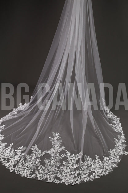 Leaf pattern Wedding Veil: Ivory, white Lace, Leaf Embroidered Edge (300cm)
