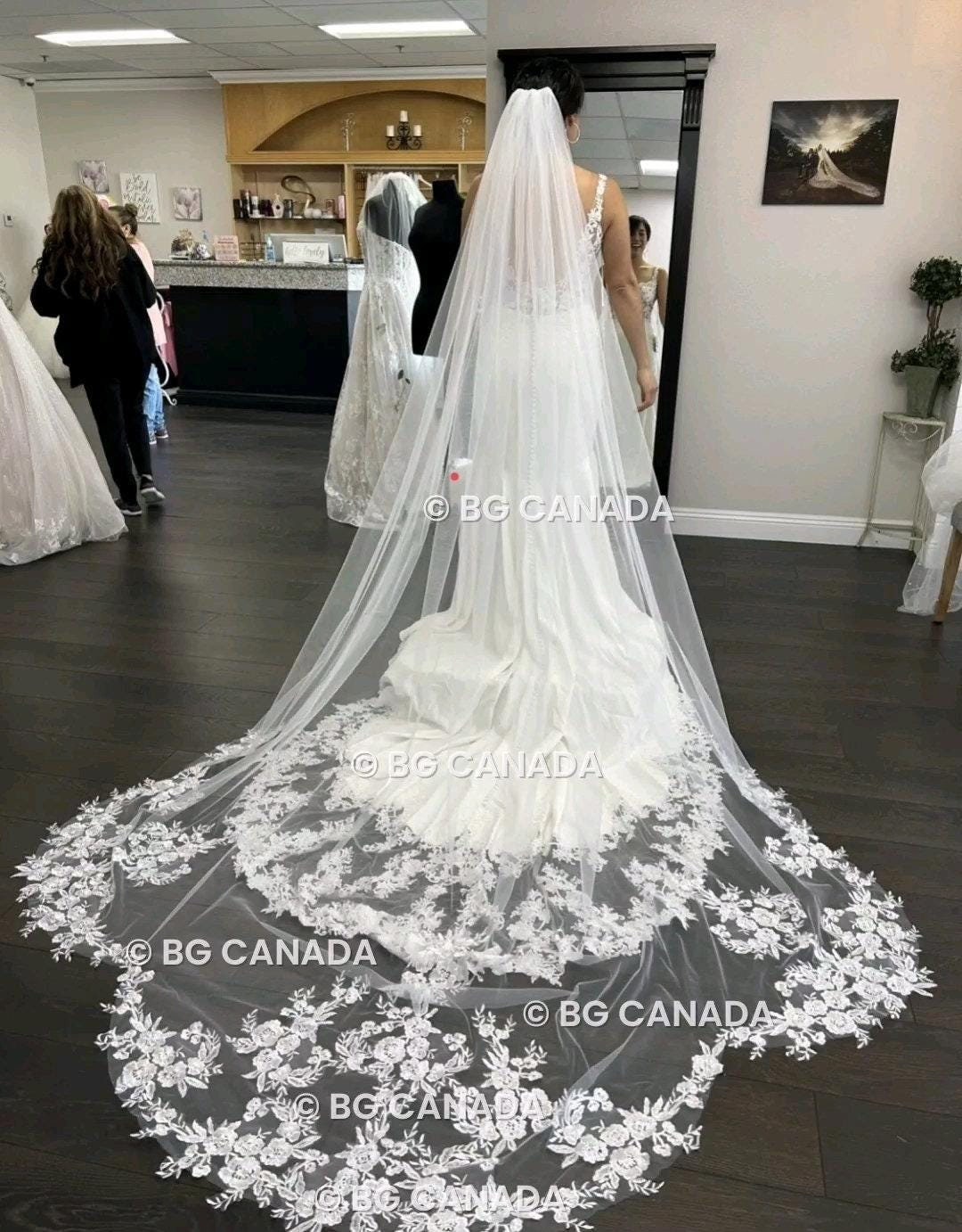 Floral Lace Edge scalloped veil special cut veil extra wide veil mermaid tail cut veil ivory veil with florals