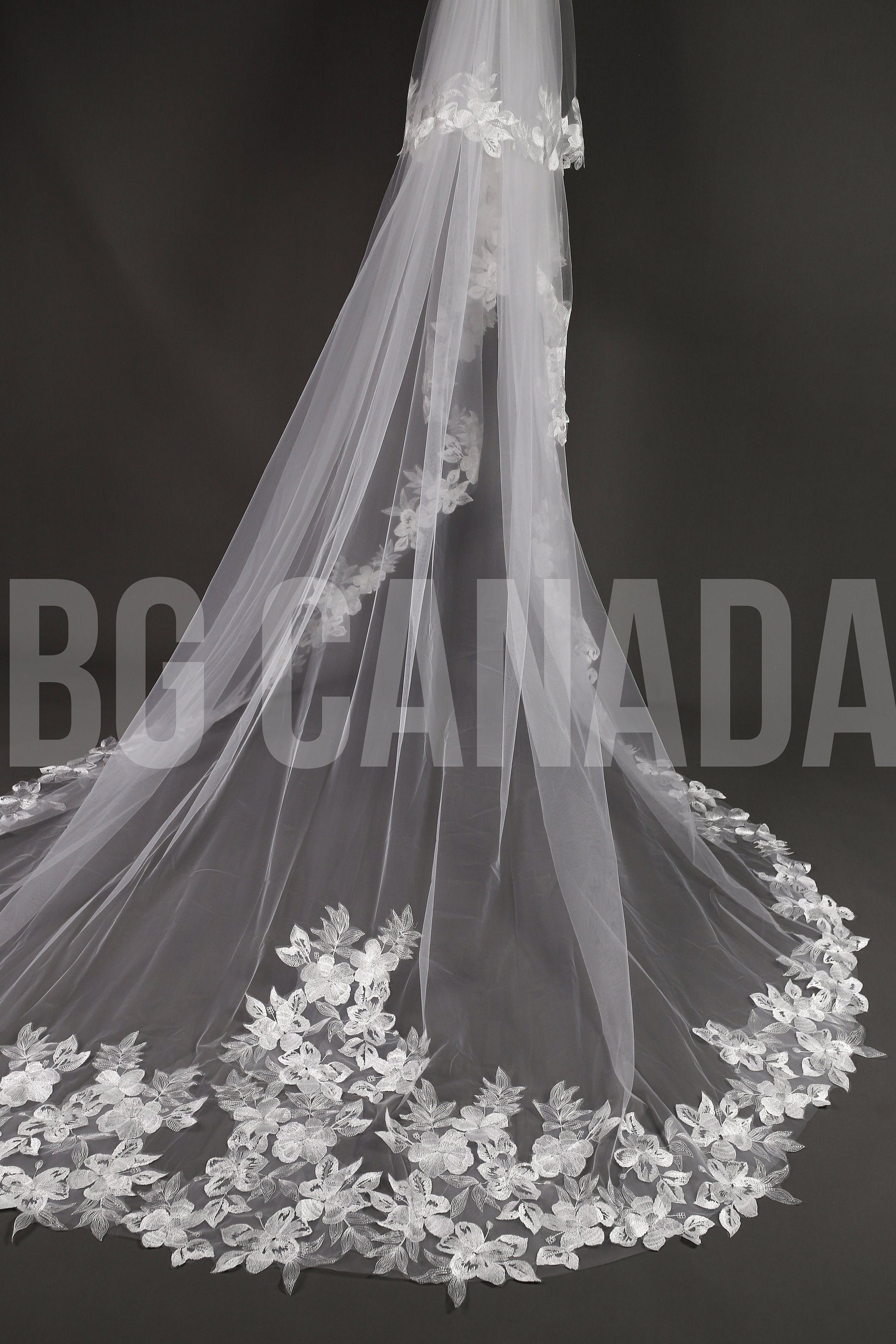 Floral Lace Cathedral Wedding Veil - Elegant Ivory 2-Tier Veil