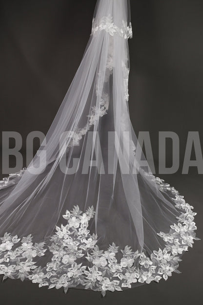 Floral Lace Cathedral Wedding Veil - Elegant Ivory 2-Tier Veil