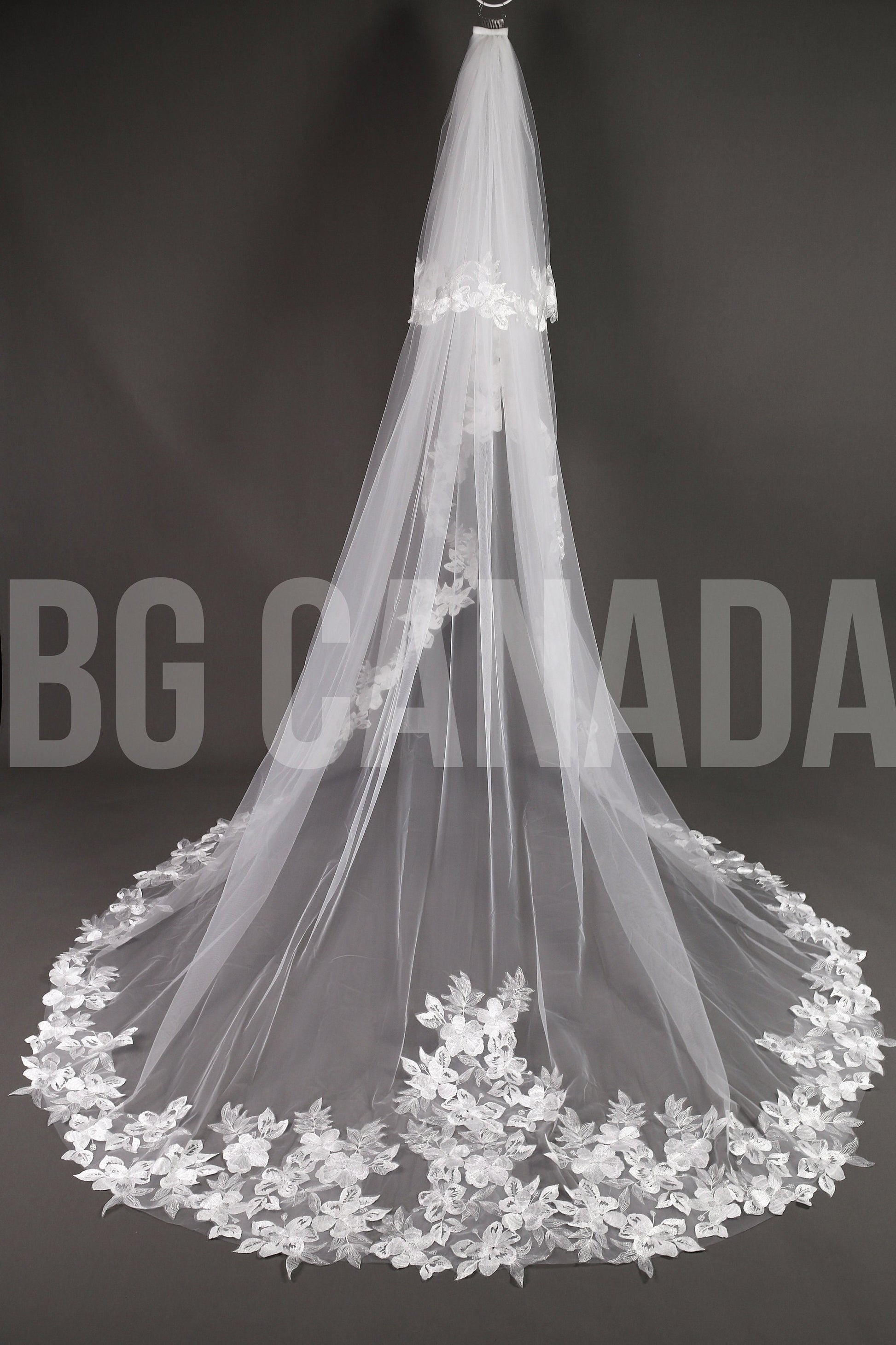 Floral Lace Cathedral Wedding Veil - Elegant Ivory 2-Tier Veil