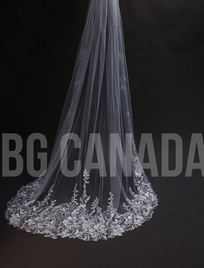Floral Lace Cathedral Wedding Veil: Bridal Illusion Tulle