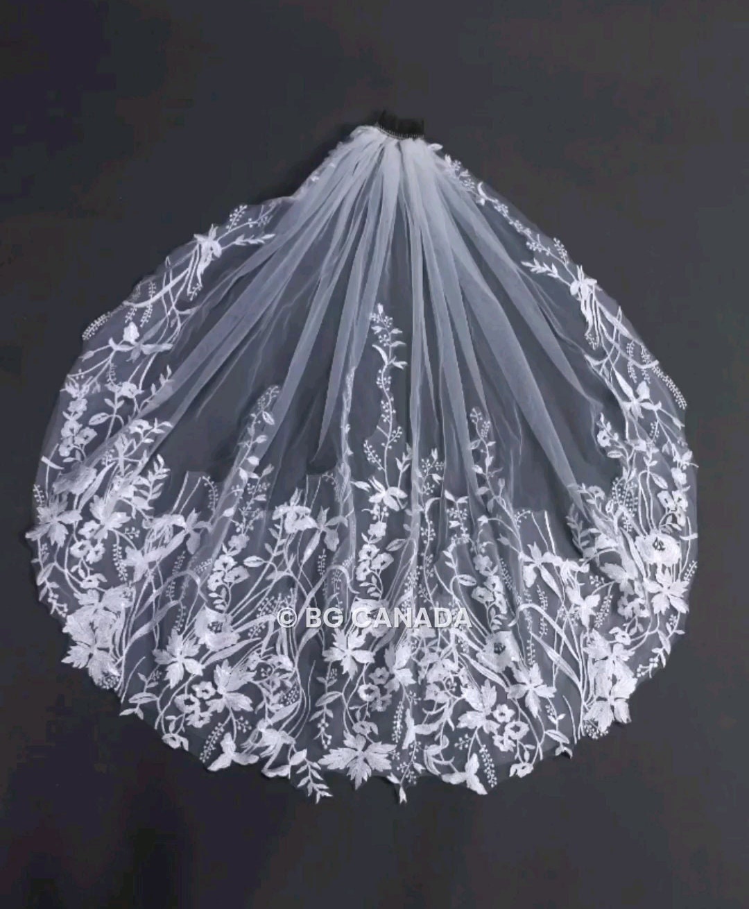 Floral Lace Cathedral Wedding Veil: Bridal Illusion Tulle