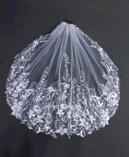 Floral Lace Cathedral Wedding Veil: Bridal Illusion Tulle