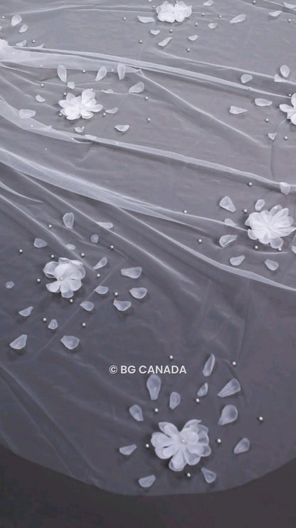 veil cathedral veil Floral Pearl Bridal Veil mantilla veil Unique Wedding Veil with Scattered Pearls and Petals Statement Veil