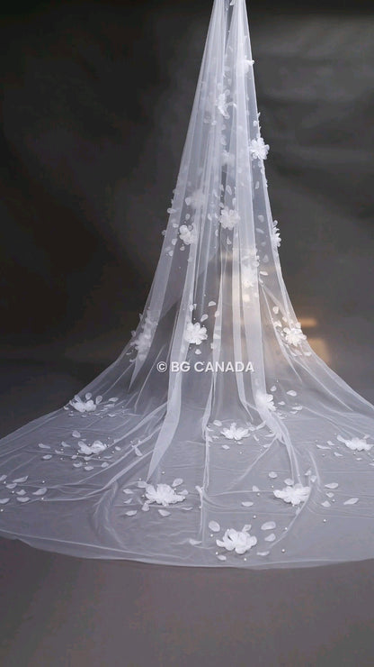 veil cathedral veil Floral Pearl Bridal Veil mantilla veil Unique Wedding Veil with Scattered Pearls and Petals Statement Veil