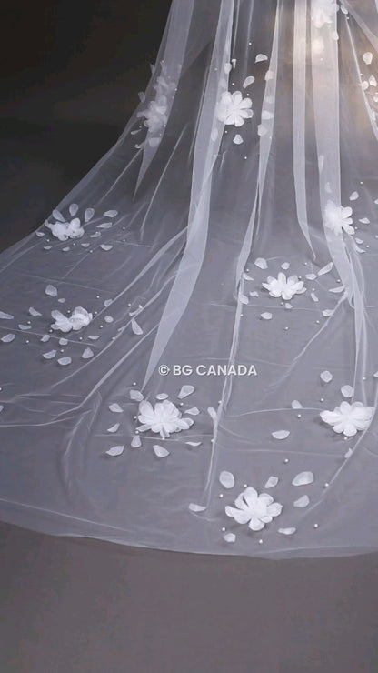 veil cathedral veil Floral Pearl Bridal Veil mantilla veil Unique Wedding Veil with Scattered Pearls and Petals Statement Veil