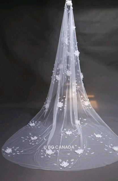 veil cathedral veil Floral Pearl Bridal Veil mantilla veil Unique Wedding Veil with Scattered Pearls and Petals Statement Veil