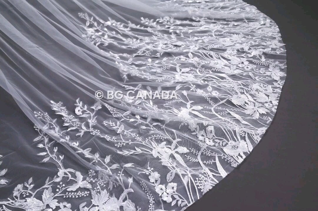 Floral Vine Cathedral Wedding Veil - Embroidered Bridal Veil