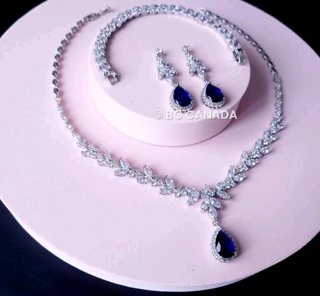 Blue Crystal Bridal Jewelry Set: Silver Necklace, Earrings, Bracelet