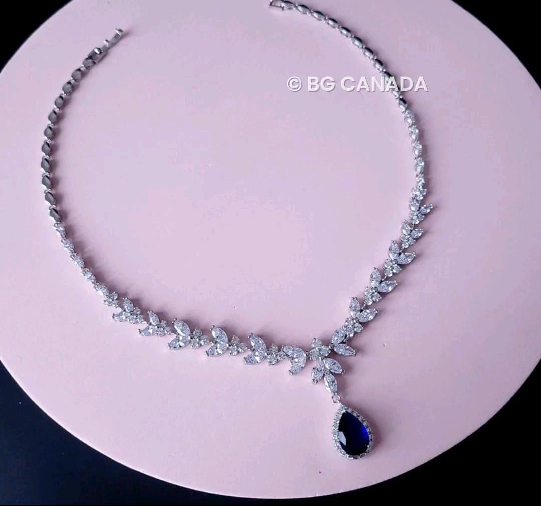 Blue Crystal Bridal Jewelry Set: Silver Necklace, Earrings, Bracelet