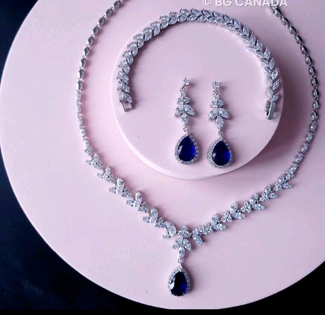 Blue Crystal Bridal Jewelry Set: Silver Necklace, Earrings, Bracelet