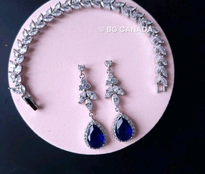 Blue Crystal Bridal Jewelry Set: Silver Necklace, Earrings, Bracelet